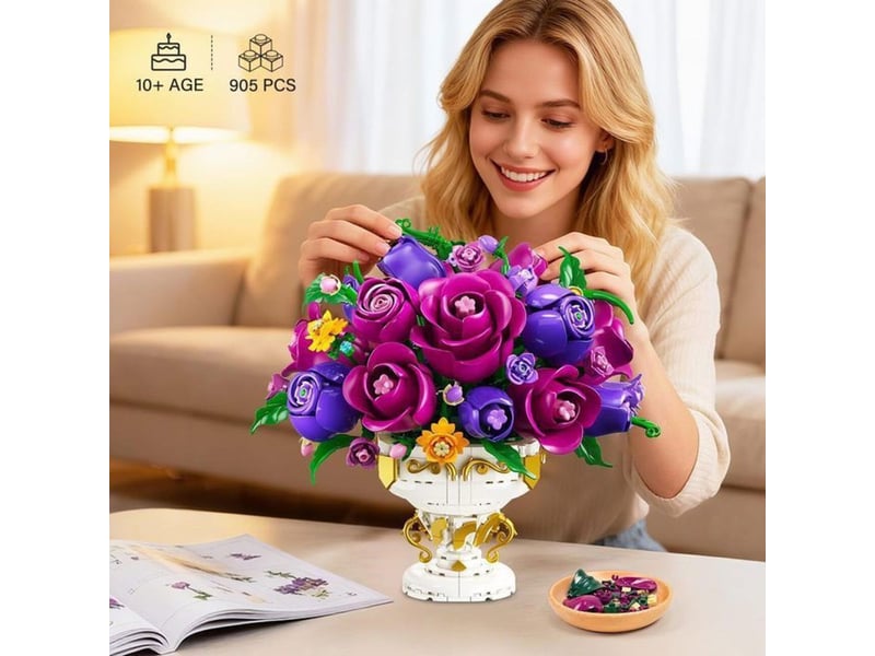  Set de fleurs rose en construction 905 pieces abs avec vase blanc 151498_AABKD22219_6_DROPFR - Conforama C