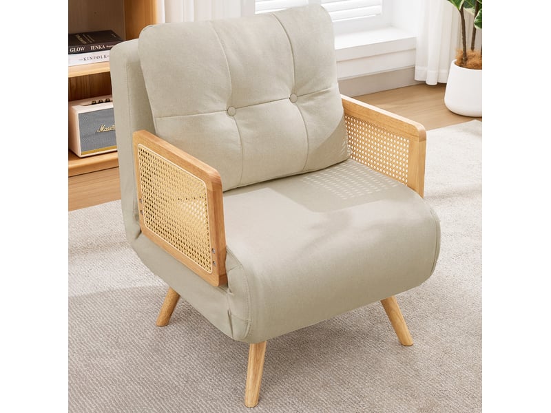  Fauteuil convertible avec dossier 5 positions et fonction couchage en tissu beige avec accoudoirs en rotin et structure en bois  - Conforama E