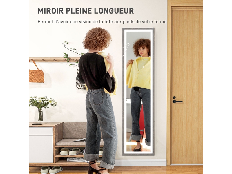  Grand miroir pleine longueur, miroir mural ou sur pied rectangulaire, gris, 40 x 160 cm avec éclairage led 3 couleurs  - Conforama D