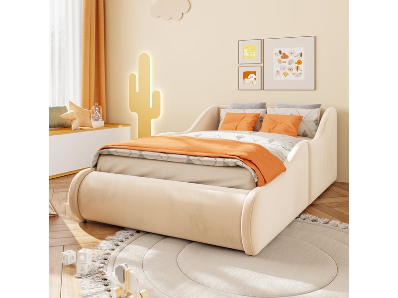  Lit enfant 90 x 200 cm en velours avec sommier à lattes, tête de lit haute et barrières latérales beige chicfurn  - Conforama B
