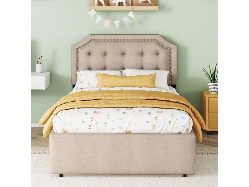 Lit rembourré beige foncé 90x200 cm avec détails cloutés et 2 tiroirs de rangement - Conforama B
