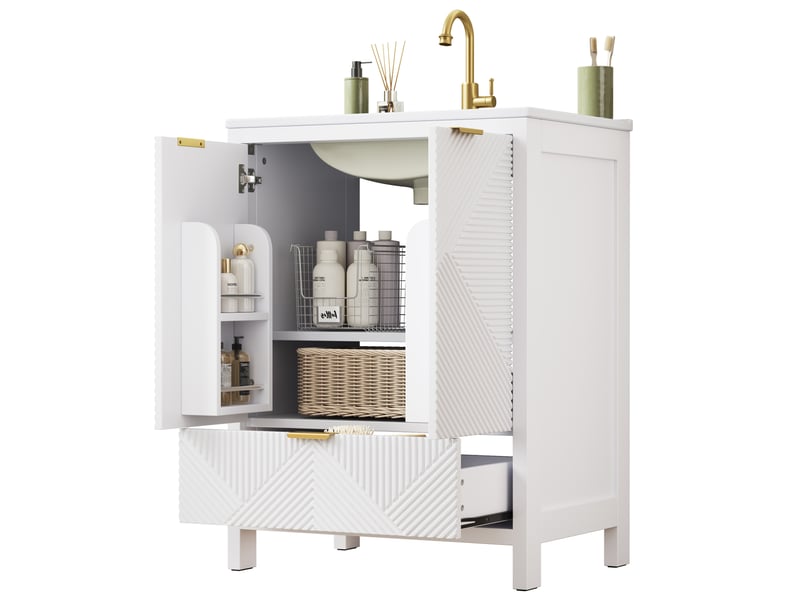  Meuble sous lavabo 61 x 47 x 87 cm blanc mdf et céramique, 2 portes, tiroir, vasque incluse sur pied  - Conforama A