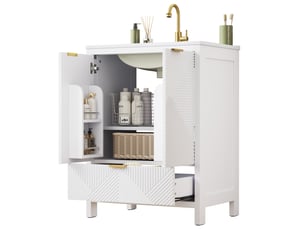 Meuble sous lavabo 61 x 47 x 87 cm blanc mdf et céramique, 2 portes, tiroir, vasque incluse sur pied
