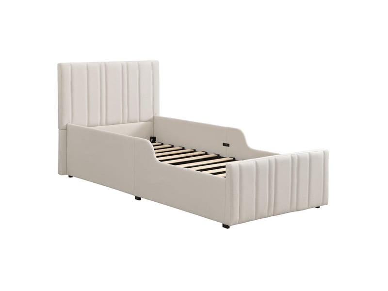  Lit coffre hydraulique 90x200 cm beige en lin avec sommier, grand rangement et tête de lit rembourrée  - Conforama E