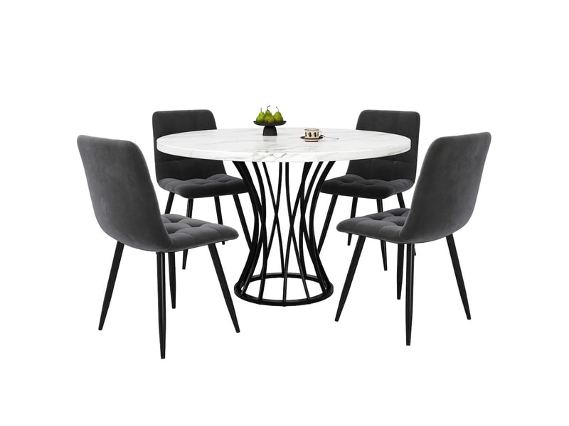  Ensemble table ronde 80 cm et 4 chaises en velours gris, plateau effet marbre blanc  - Conforama A