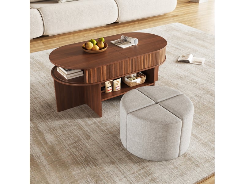  Table basse ovale avec rangement et 2 poufs en tissu, coloris noyer, 120 x 60 x 51,5 cm  - Conforama D