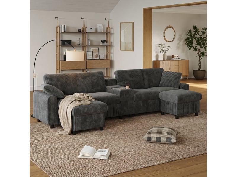 Canapé en u 4 places 315x135 cm – gris – velours côtelé, 2 poufs coffre, table et charge intégrée - Conforama B
