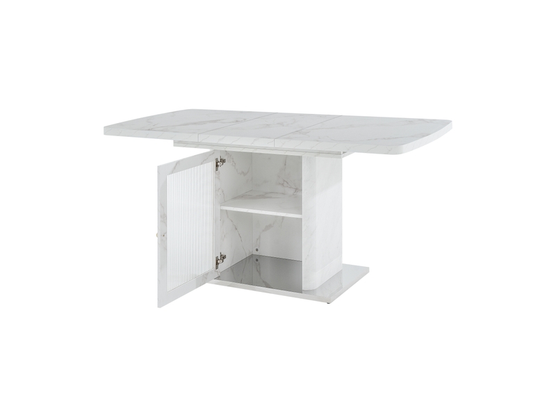 Table à manger extensible 120-160 x 80 cm avec meuble de rangement intégré, plateau mdf effet marbre blanc, porte vitrée et base métal - Conforama D