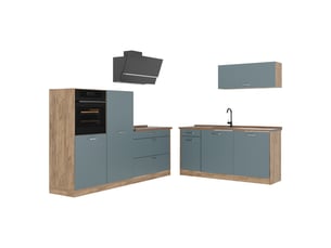Vicco cuisine, bleu-grischêne doré, 220cm plan de travail chêne doré