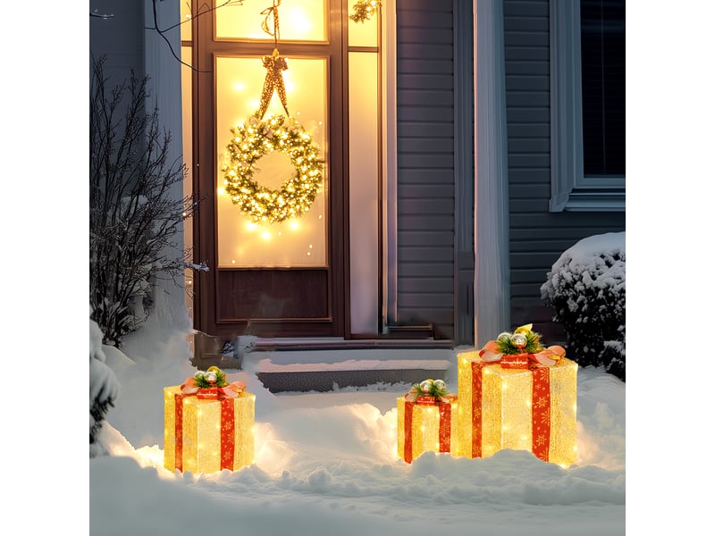  Ensemble de 3 boîtes cadeaux de noël avec 58 lumières led blanc chaud et décorations dorées pour sapin de noël.  - Conforama C