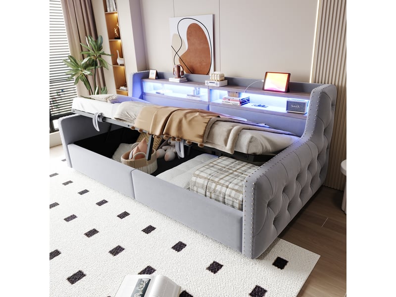  Canapé-lit rembourré 90 x 200 cm, coloris gris clair, relevage hydraulique, éclairage led, prises et sommier.  - Conforama D