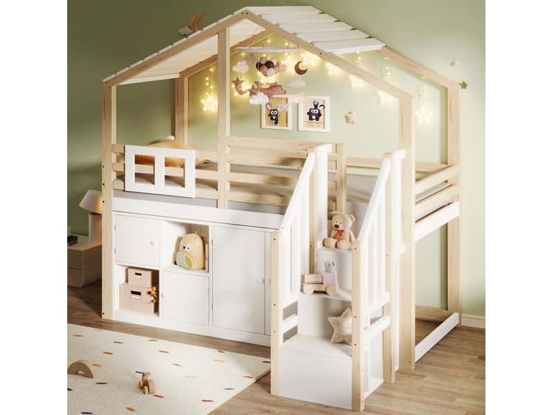  Lit mezzanine enfant 90x200 cm avec rangements et escalier blanc et naturel  - Conforama D
