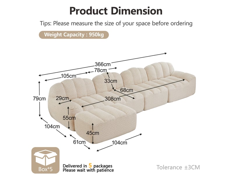 Canapé modulable 4 places avec ottoman beige blanc en tissu bouclette - Conforama E