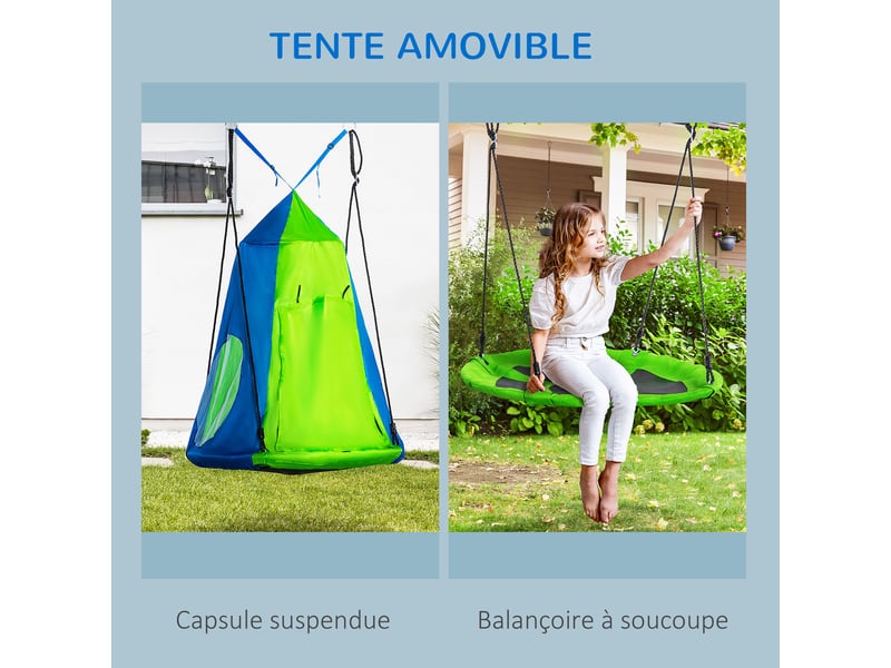 Balançoire nid d'oiseau ronde avec tente amovible ø 100 cm 4 anneaux inclus métal époxy oxford haute densité - vert et bleu  - Conforama D