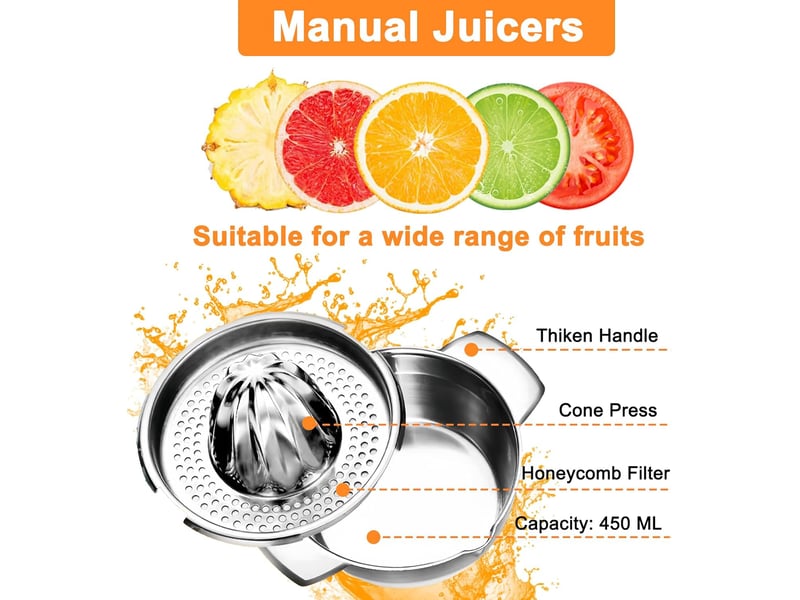  Presse agrumes manuel en inox presse orange manuel avec récipient, presse citron manuel pour presser citrons oranges agrumes (capacité: 450ml)  - Conforama C