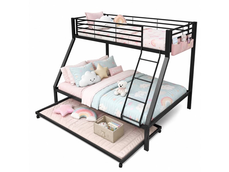  Lit superposé métal noir 3 couchages 90x200, 140x200 et lit gigogne 90x190 cm  - Conforama A