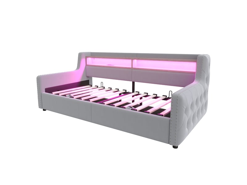  Lit banquette coffre 90 x 200 cm, coffre à relevage hydraulique, éclairage led, ports usb, étagères de rangement, pour la chambre, velours, gris clair ABC - Conforama A