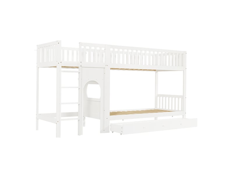 Lit superposé enfants blanc et naturel avec garde-corps et échelle droite - Conforama W