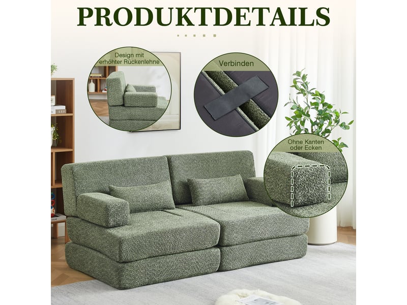 Lot de 2 canapés en chenille et fer, 4 modules pliables, dossiers hauts, avec attaches et fonction couchage - Conforama E
