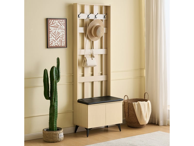 Vestiaire avec banc et pieds en acier noir, 4 patères, rangement pour chaussures, pour le hall d’entrée - Conforama E