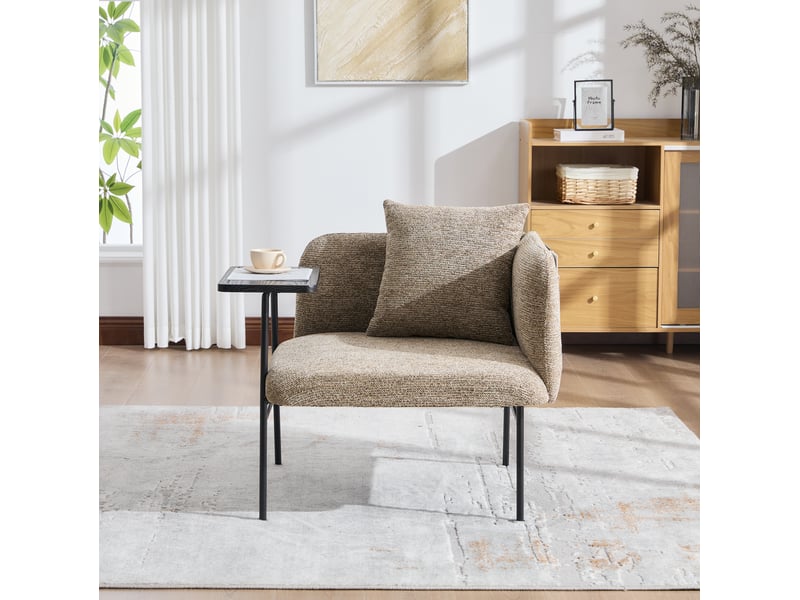  Fauteuil d'appoint en tissu chenille beige avec tablette latérale intégrée, poches de rangement et structure métal  - Conforama C