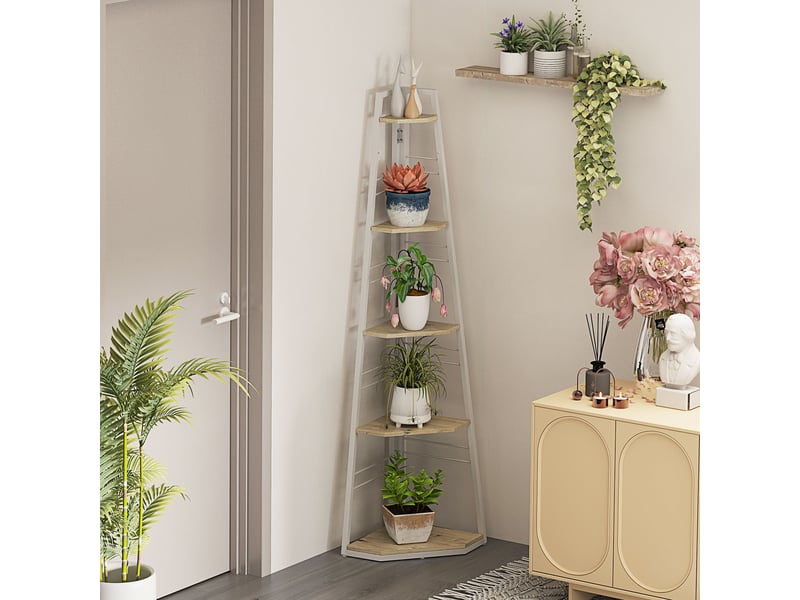 Bibliothèque d'angle à 5 étagères avec cadre pliable et pieds réglables, couleur bois  - Conforama C