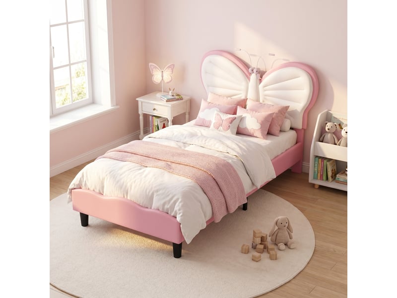  Lit enfant lit simple 90x190 cm, tête de lit papillon et lampe de lecture, style moderne, rose  - Conforama B