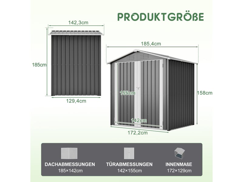  Abri de jardin en métal 185,4 x 142,3 x 185 cm, rangement extérieur avec double porte verrouillable, 4 aérations, fondation incluse, gris Luxe haut de gamme - Conforama C