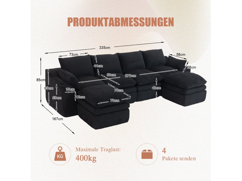  Canapé modulable 4 places en velours côtelé noir avec 2 poufs et poches latérales  - Conforama C