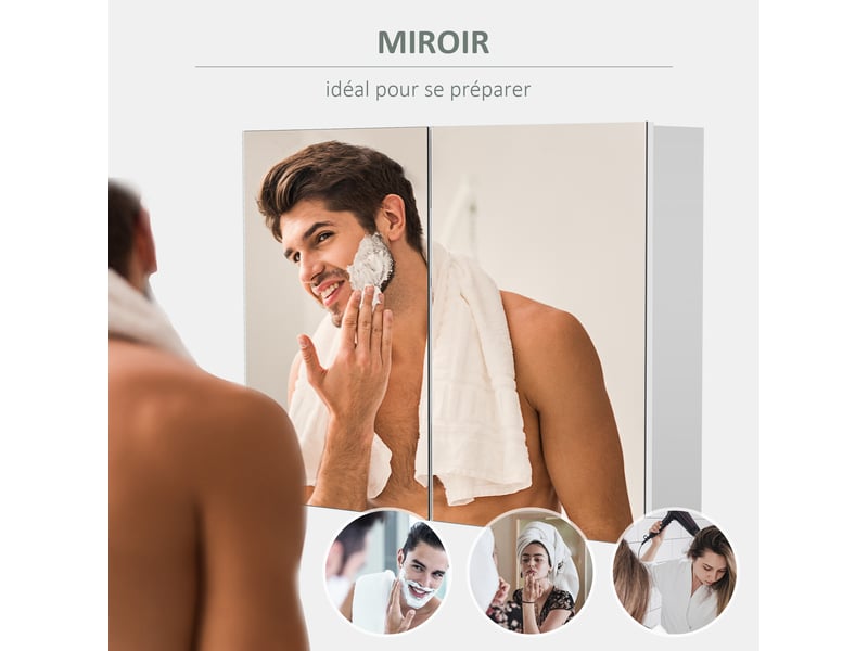  Armoire murale salle de bain avec miroir, 80 x 15 x 60 cm, meuble salle de bain, blanc, armoire de toilette avec double portes et étagères réglables  - Conforama R