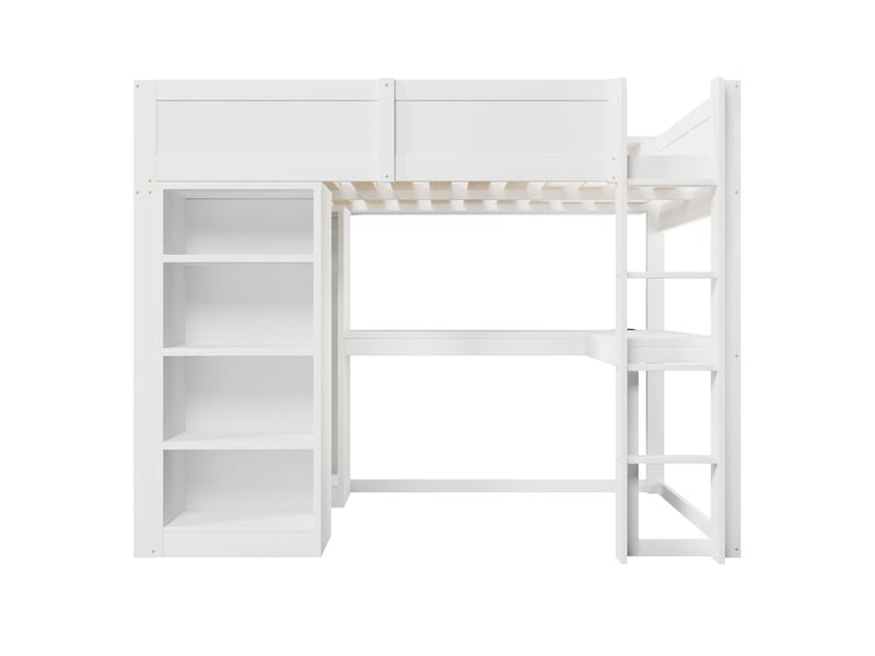  Lit mezzanine 140x200 cm, bureau en l intégré, étagère 4 niveaux, armoire et compartiments en hauteur, blanc  - Conforama A