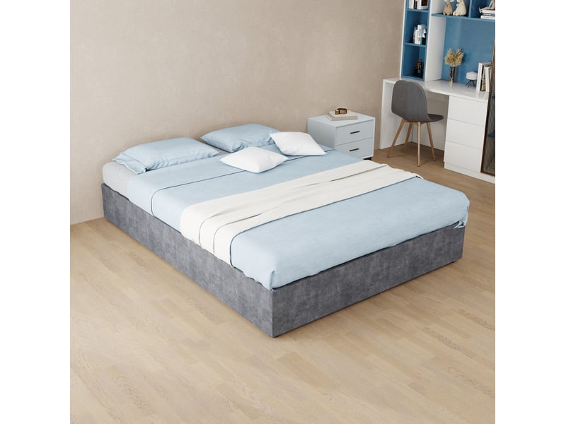  Lit coffre 140x200 cm avec vérins à gaz, sommier, 2 places, tissu couleur gris, sans matelas  - Conforama E