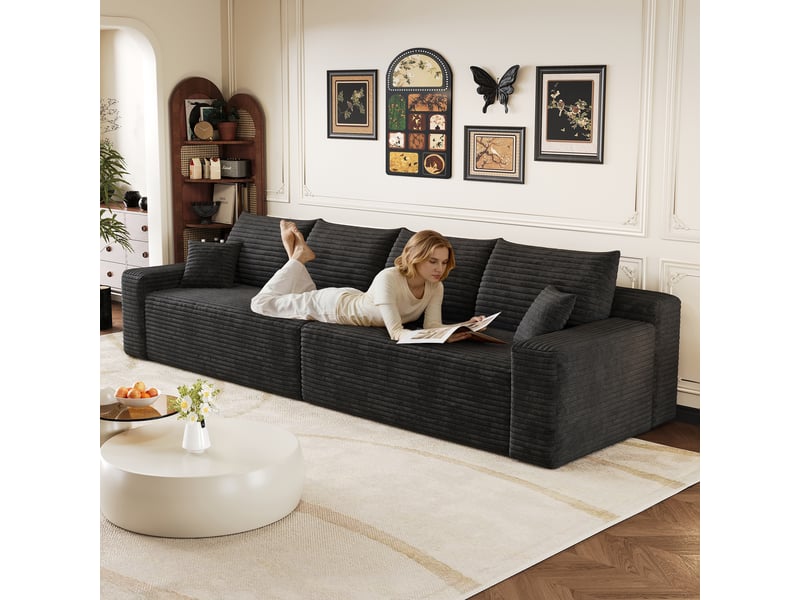  Canapé droit modulable 302 cm sans structure ni montage, canapé-lit en mousse et velours côtelé doux, design minimaliste pour salon, noir Seren Glow - Conforama D
