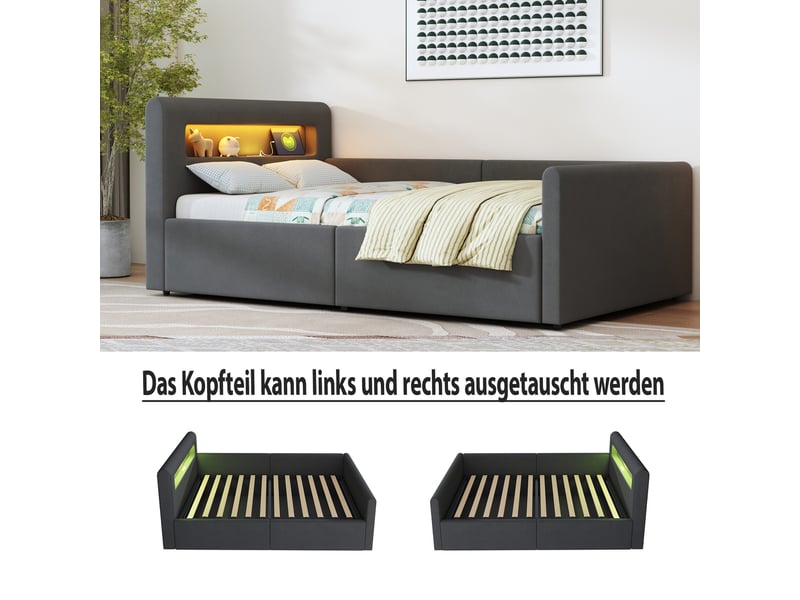  Lit coffre enfant 90x200 cm, led, port usb, espace de rangement, sommier, velours gris foncé, sans matelas  - Conforama D