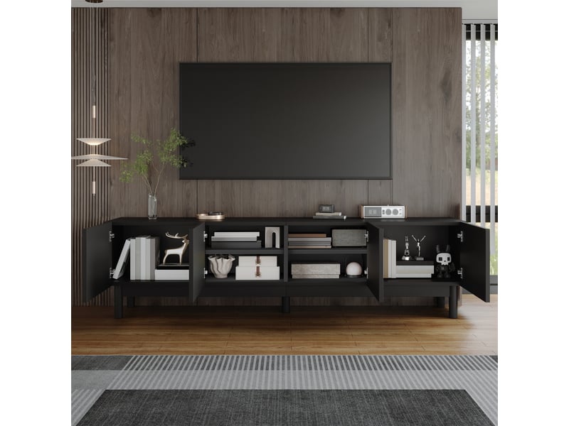  Meuble tv noir 169 cm à 4 portes ondulées, design sans poignée, pieds en bois massif, rangement multimédia  - Conforama C