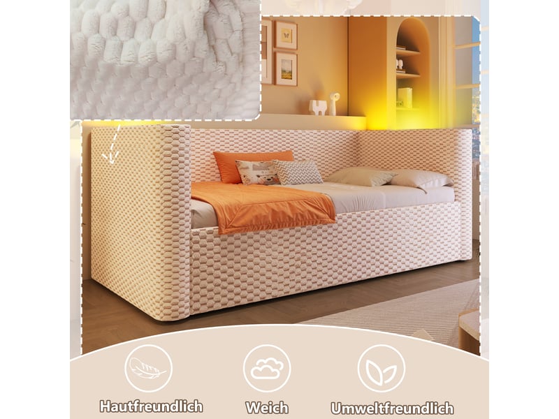  Lit de jour 90x200 canapé lit velours beige avec rangement hydraulique et led multicolore  - Conforama D