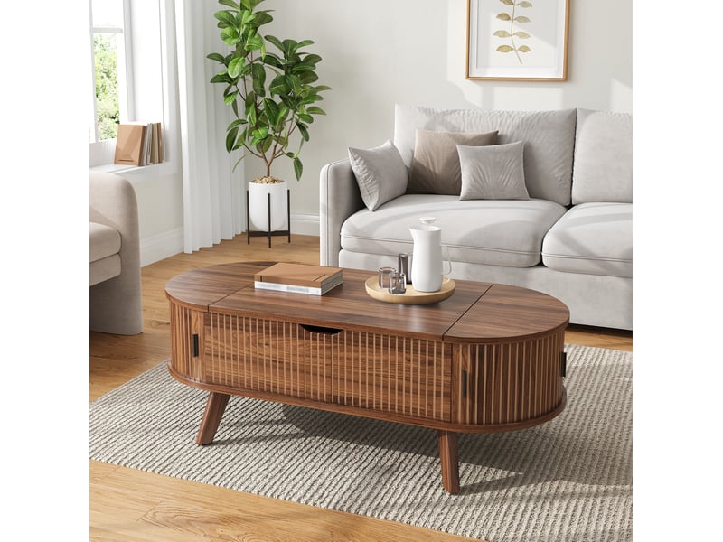  Table basse ovale relevable avec rangement caché et 2 portes coulissantes, finition noyer en mdf 110 × 50 × 53,5 cm  - Conforama E