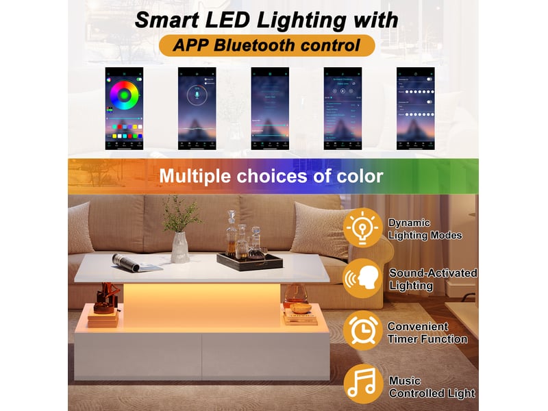  Table basse 90x55x41 cm avec 4 tiroirs, plateau relevable, rangement ouvert, led, table de salon, pour salon, pb, blanc  - Conforama E