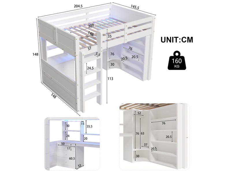 Lit mezzanine enfant 140x200 cm avec bureau, armoire, led et rangements blanc - Conforama C