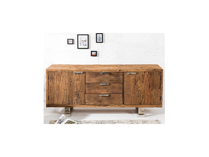  Buffet rafta 160 cm en bois massif de teck – 2 portes, 3 tiroirs et pieds en acier argenté  - Conforama D
