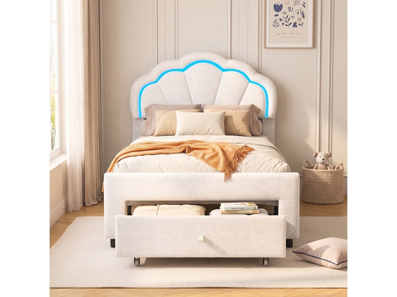  Lit enfant 90x200 cm design coquillage avec led rgb et tiroir de rangement - structure en velours blanc - sommier à lattes inclus  - Conforama B