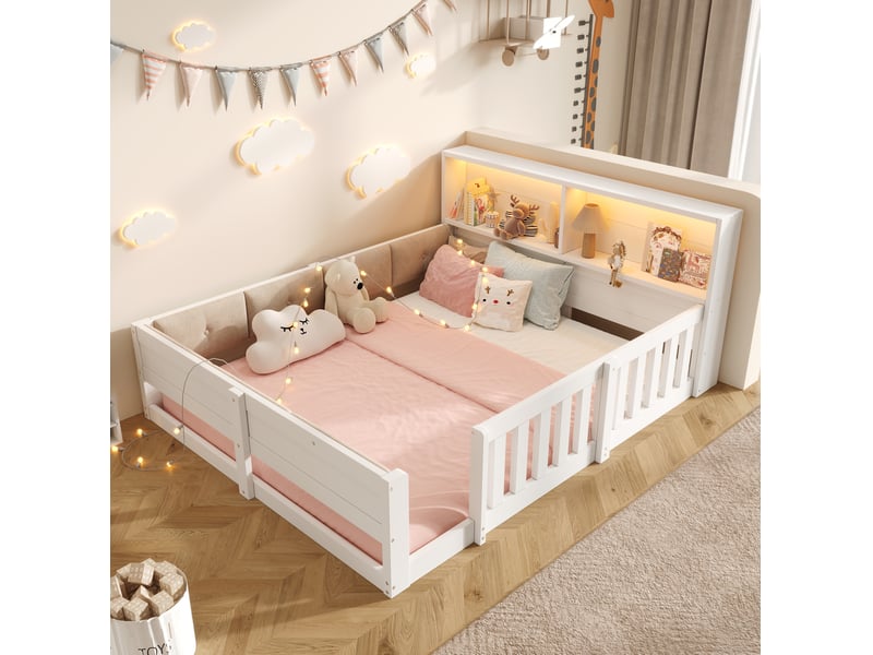  Lit enfant 140 × 200 cm 2 places avec barrières, led multicolore et rangements, sans matelas, blanc  - Conforama C