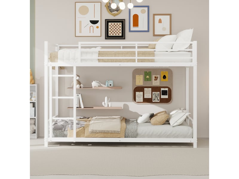  Lit superposé 90x190 cm - lit simple enfant avec échelle intégrée et barrière de sécurité - en fer - sans matelas - blanc  - Conforama C