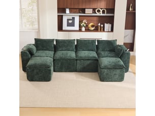 Canapé modulable d’angle en u 4 places en tissu vert, 322 x 161 x 75 cm, sans montage, avec 2 poufs, porte-gobelets, poches latérales, livré compressé