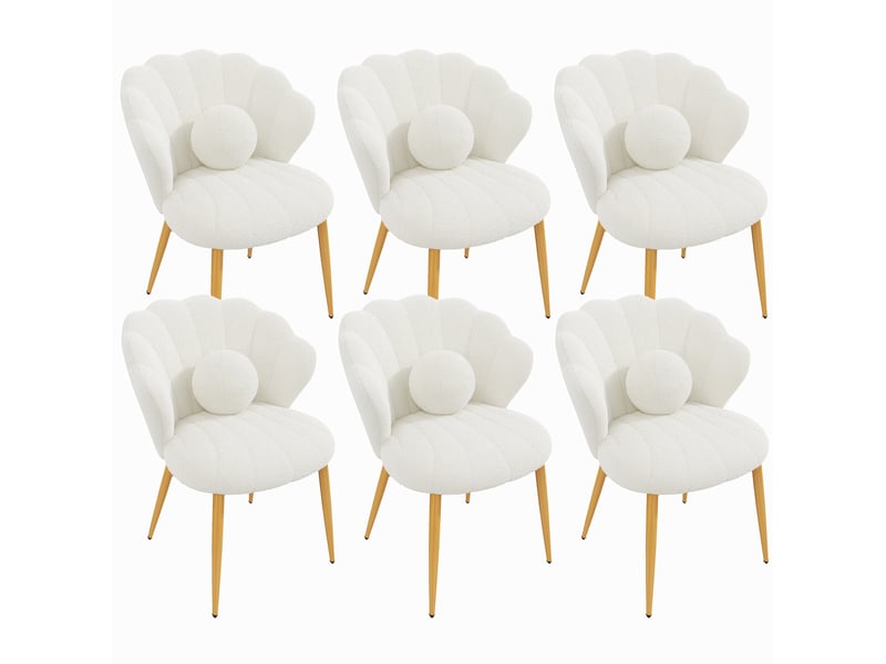  Lot de 6 chaises de salle à manger dossier coquillage en tissu teddy blanc, pieds dorés  - Conforama A