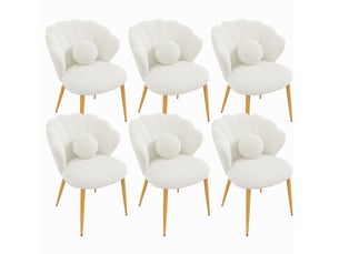 Lot de 6 chaises de salle à manger dossier coquillage en tissu teddy blanc, pieds dorés
