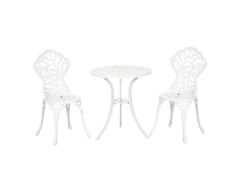  Ensemble de jardin 3 pièces en aluminium blanc, comprenant 2 chaises d'extérieur (45 x 42 x 85,5 cm) et une table ronde (ø 61 x 66,5 cm).  - Conforama A