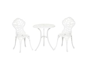 Ensemble de jardin 3 pièces en aluminium blanc, comprenant 2 chaises d'extérieur (45 x 42 x 85,5 cm) et une table ronde (ø 61 x 66,5 cm).