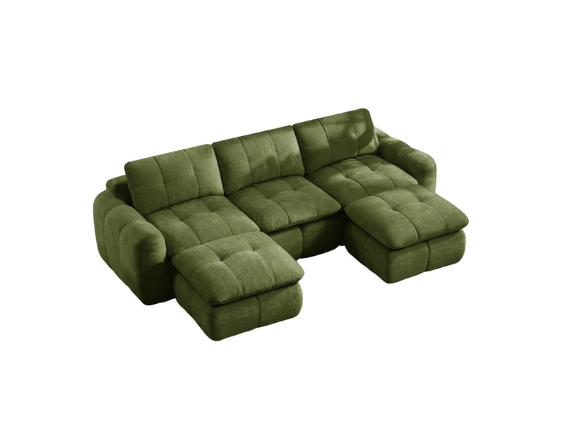 Canapé modulable en u 3 places sans cadre avec 2 poufs, mousse 32d, sans montage, en chenille vert - Conforama A