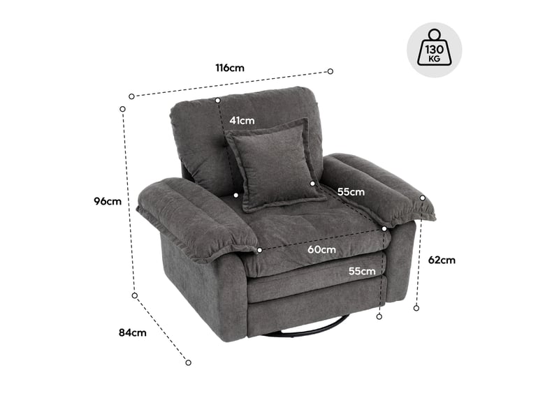  Fauteuil pivotant tcqpz oversize en chenille noire 116 x 84 x 96 cm avec rotation 360° et coussin de soutien  - Conforama C